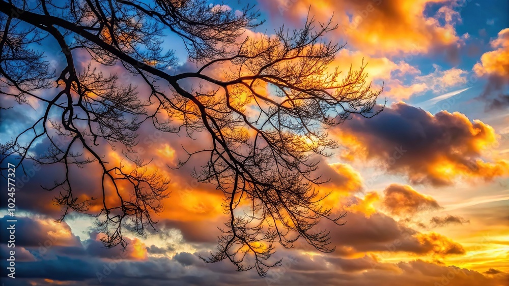 Sunset view of macro clouds behind a branch of a tree in autumn Sunset view of macro clouds behind a branch of a tree in autumn