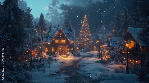 Enchanting Winter Village Illuminated by Holiday Lights and Surrounded by Snow-Capped Trees