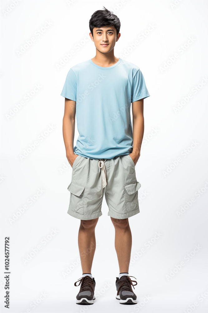 Smiling man in a light blue color casual outfit standing in a studio Smiling man in a light blue color casual outfit standing in a studio