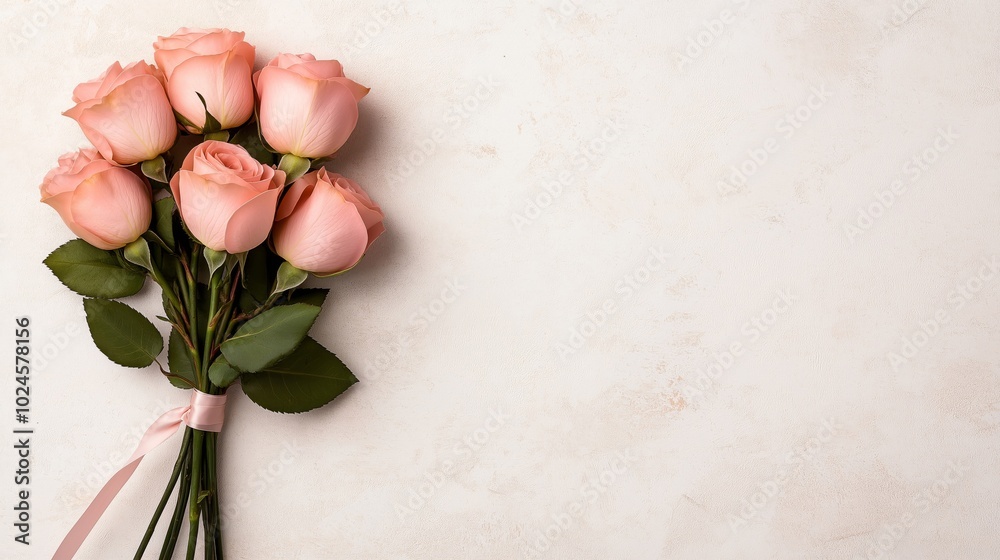 A minimalist bouquet of pink roses tied with a satin ribbon, laid against a light textured background, creating a soft and elegant floral composition perfect for romantic and celebratory moments A minimalist bouquet of pink roses tied with a satin ribbon, laid against a light textured background, creating a soft and elegant floral composition perfect for romantic and celebratory moments