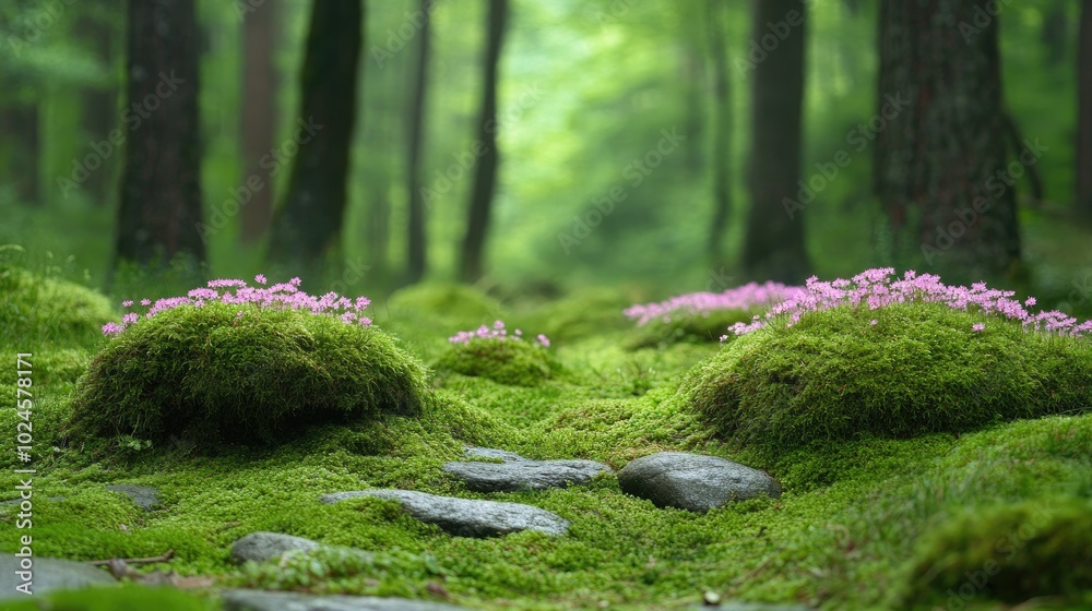 Mossy forest floor with flowers. Ideal for illustrating nature, tranquility, and growth. Mossy forest floor with flowers. Ideal for illustrating nature, tranquility, and growth.