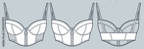 Zipped Corset Top technical fashion Illustration. Crop Top fashion flat technical drawing template, straps, cutout, slim fit, front and back view, white, women CAD mockup set.