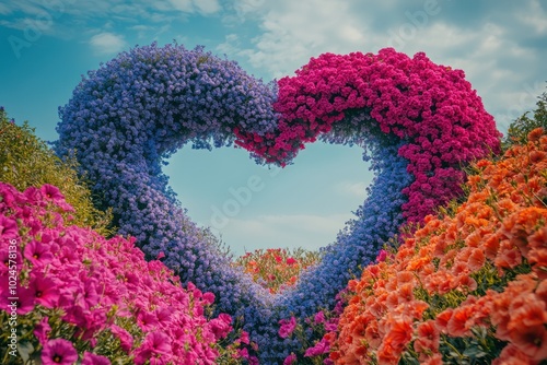A heart-shaped floral archway formed by vibrant purple, pink, and orange flowers against a bright blue sky.