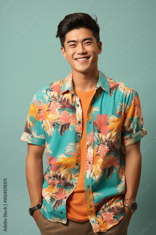 Smiling man in a blue color and complementary casual outfit standing in a studio Smiling man in a blue color and complementary casual outfit standing in a studio