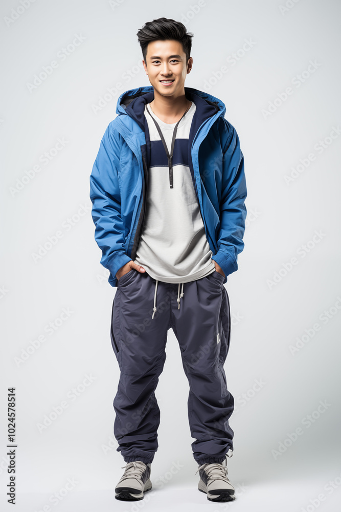 Naklejka premium Smiling man in a blue color casual outfit standing in a studio