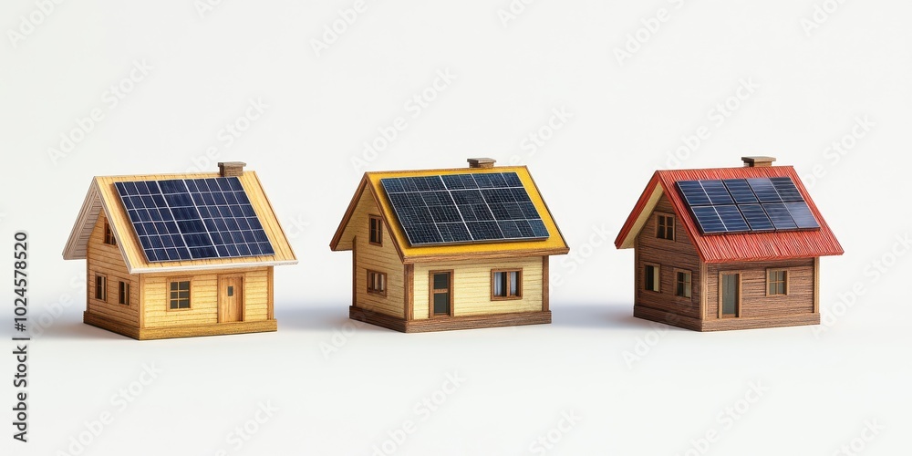 Set of 3D model of family house with solar panels on the roof on white background Set of 3D model of family house with solar panels on the roof on white background