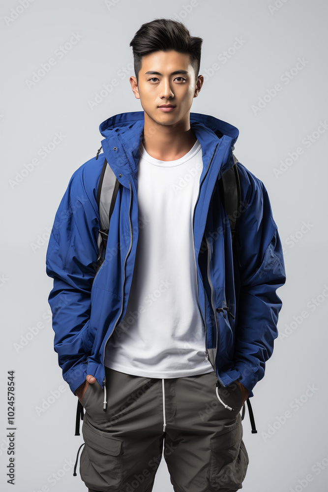 Smiling man in a blue color casual outfit standing in a studio Smiling man in a blue color casual outfit standing in a studio