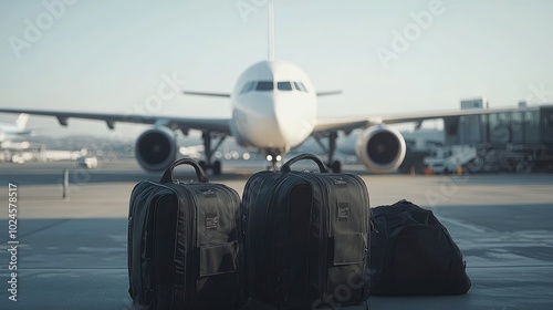 Luggage bags sit on tarmac, awaiting departure. This photo can be used to show the excitement and anticipation of travel.