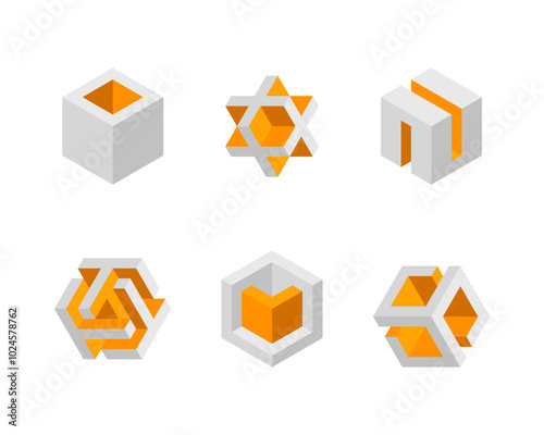 Cube logo, geometric vector design. Box logotype company, trendy tech emblem in pixel style.