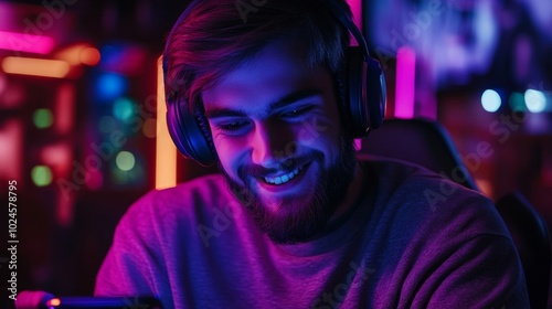 Modern Gamer Lifestyle - Young Man Enjoying Mobile Games with Headphones in Colorful Lit Room