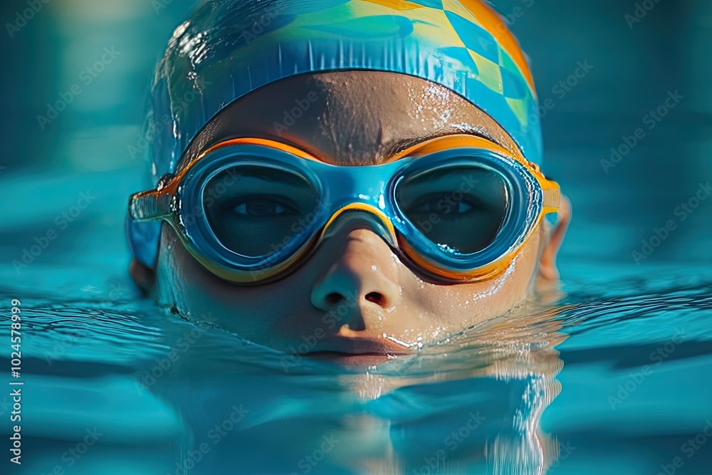 Naklejka premium Close-up of swimmer's face in pool. Perfect for articles about swimming, sports, or summer fun.