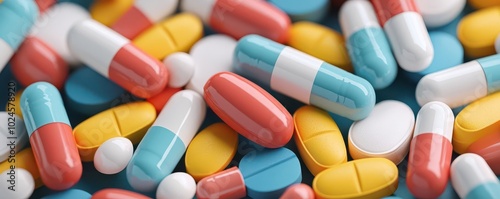 A vibrant assortment of colorful pills and capsules scattered together, showcasing various shapes and colors in a close-up view.