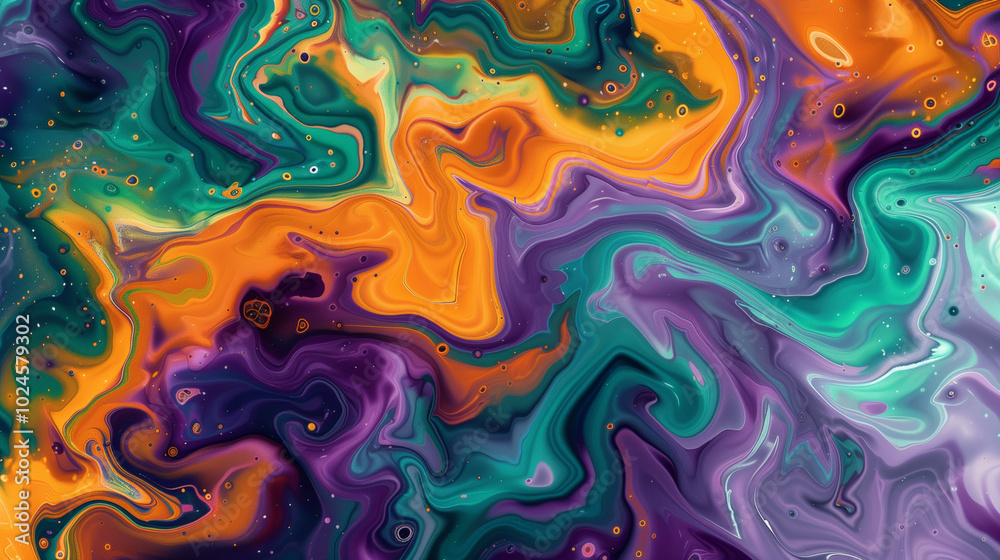Bold marbled paint effect with orange, purple, and turquoise, representing intensity and dynamic artistic expression.