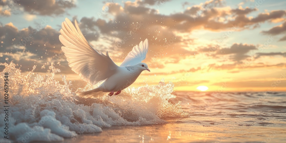 Fototapeta premium White dove flies above ocean waves at sunset.