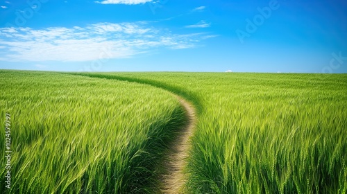 A narrow path winds its way through tall, green wheat fields towards the horizon