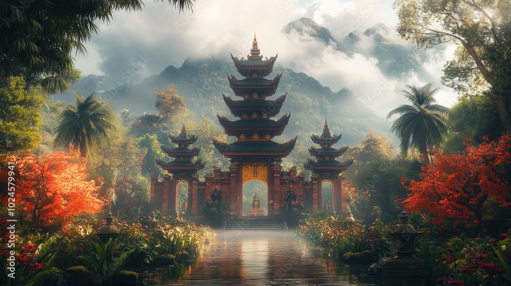 Balinese temple entrance, pagoda, oriental landscape Balinese temple entrance, pagoda, oriental landscape