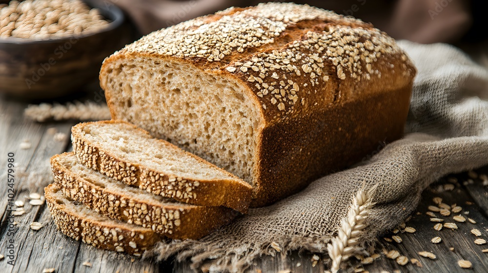 A loaf of whole wheat bread, sliced and arranged on a rustic wooden table A loaf of whole wheat bread, sliced and arranged on a rustic wooden table