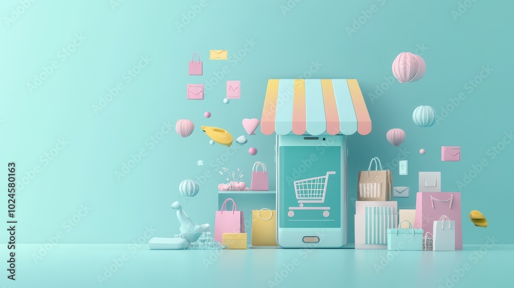 Abstract 3D model of a smartphone with exploding icons of shopping, discounts and digital payment solutions, pastel theme