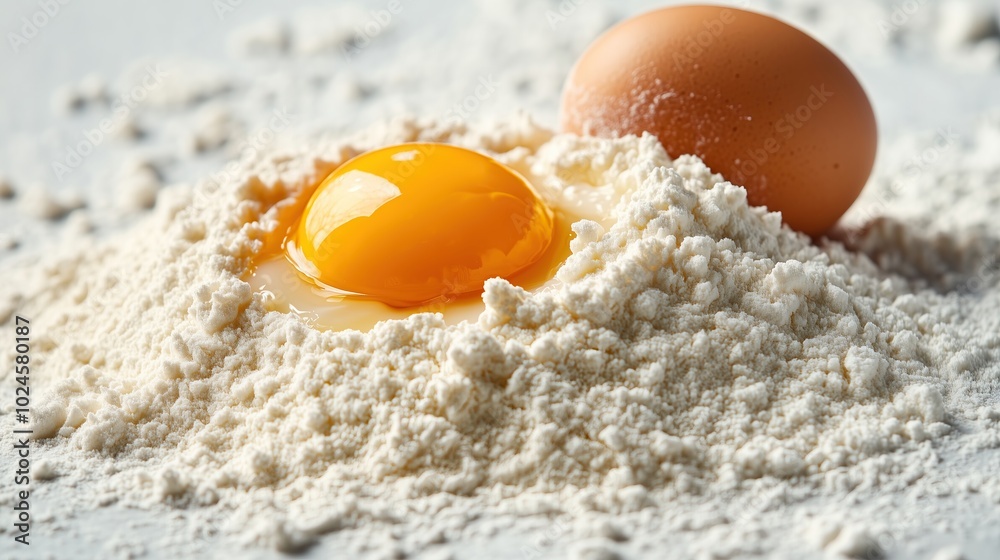 Detailed shot of a heap of flour with a single egg cracked into it Detailed shot of a heap of flour with a single egg cracked into it