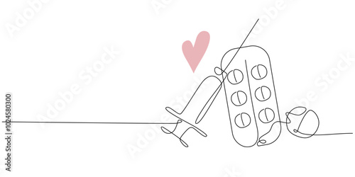 Vector syringe with needle medicine and pills in one line style on a white background. Continuous one line drawing of a syringe injection.