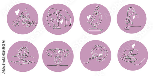 Vector set of icons for Fertility clinic with embryologist doctor on pink background. Female reproductive system. Health care and treatment, medicine.