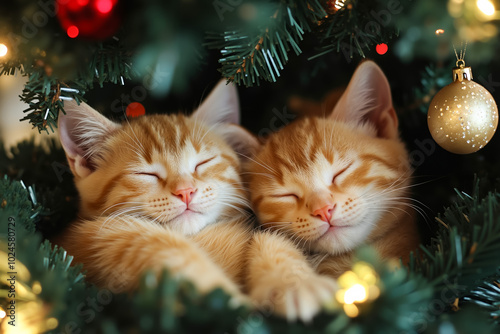 Two kittens sleeping in a christmas tree photo