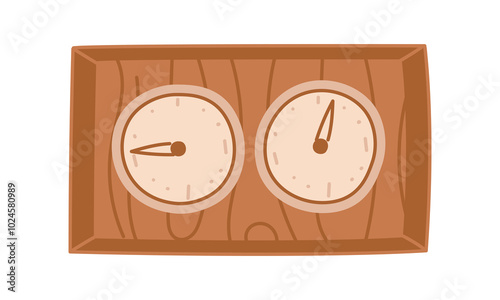 A flat rectangular wooden sauna thermometer with two dials for a hygrometer. An object for measuring pressure and temperature in a steam room, steam room, sauna. Wooden board with dials. Watch