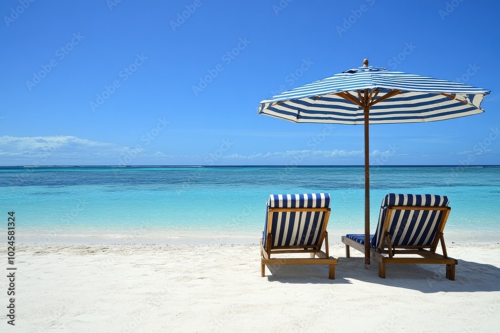 Fototapeta premium Two wooden lounge chairs with blue and white striped cushions are placed on a pristine