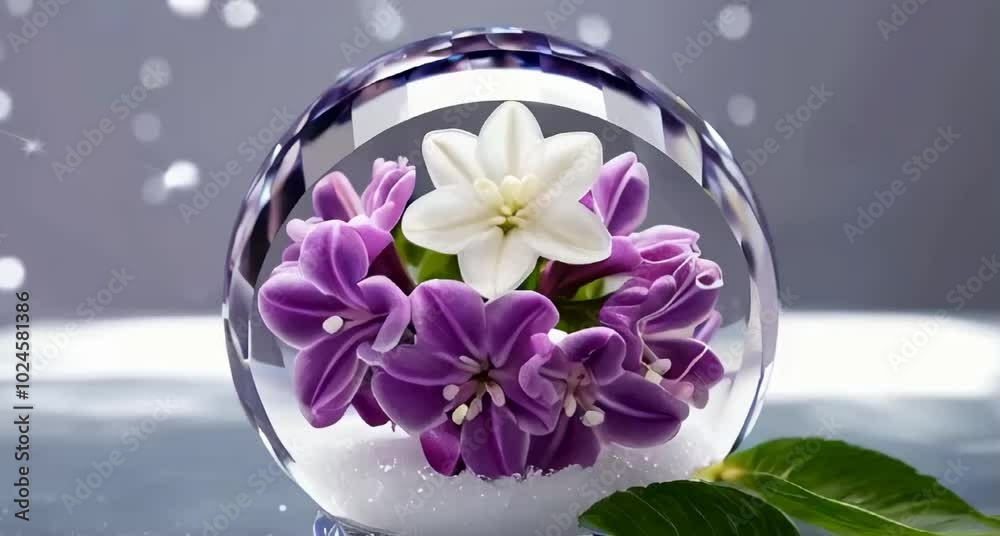 lilac and white jasmine flower in a crystal snowball with a shiny background lilac and white jasmine flower in a crystal snowball with a shiny background