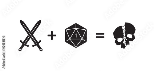 Vector black and white illustration showing two crossed swords, an icosahedron with the number one and a skull with crossed bones. A symbol of danger, death and bad luck. Board games. Isolated on whit