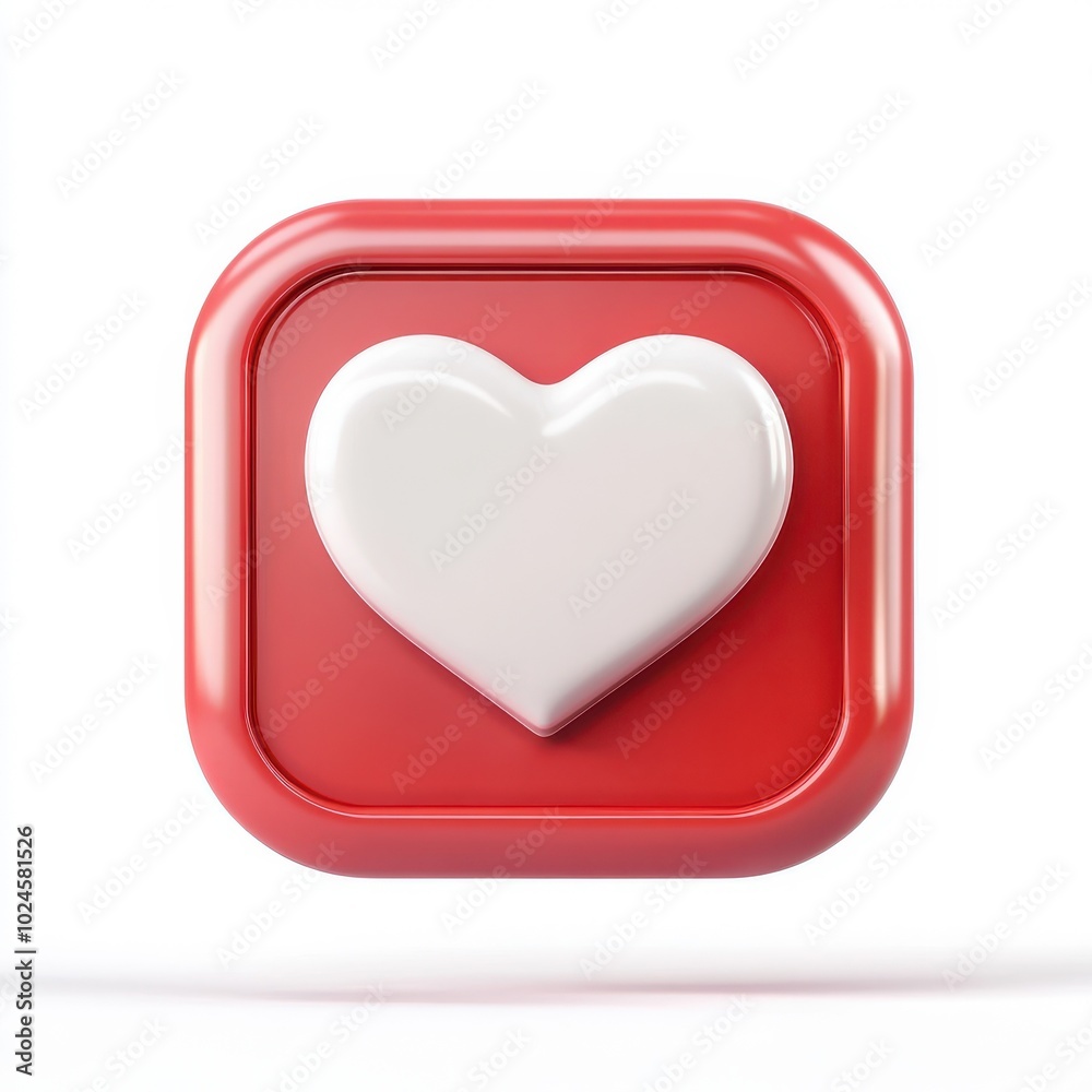 White heart in red square message bubble box 3d icon cartoon style floating on white background White heart in red square message bubble box 3d icon cartoon style floating on white background