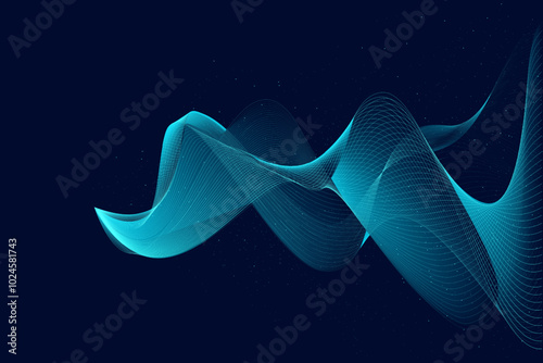 Vector illustration. Fluid, ethereal light trails in shades of blue and purple, bringing sense of calm movement to otherwise futuristic abstract landscape. Concept of futuristic calm, abstract light