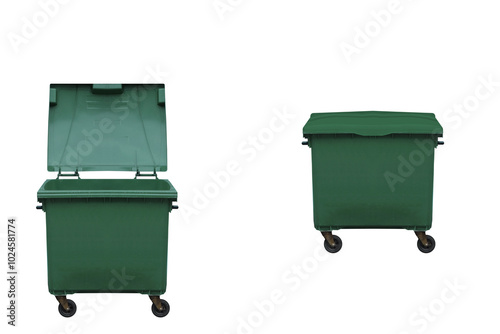 Green plastic container for glass garbage. On isolated transparent background.