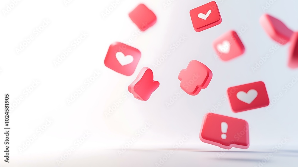 Obraz premium A 3D rendering of multiple red like, follow, and comment notification icons floating in mid-air, with a white background and soft shadows beneath the icons.