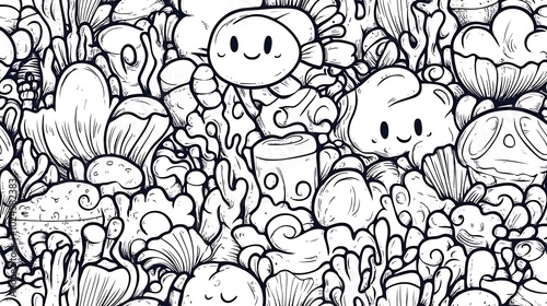 Wallpaper Mural A seamless underwater doodle pattern, showing clusters of corals, seashells, and tiny fish schools moving in synchronized patterns. Light, Torontodigital.ca