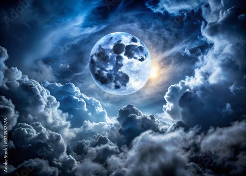 The full moon glows ominously behind scattered clouds, casting an ethereal light across the landscape, evoking a spellbinding and spooky atmosphere at night.