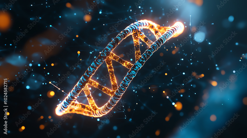 A glowing and intricate 3D representation of a DNA double helix surrounded by luminous particles. Ideal for themes related to genetics, biology, and molecular science. A glowing and intricate 3D representation of a DNA double helix surrounded by luminous particles. Ideal for themes related to genetics, biology, and molecular science.