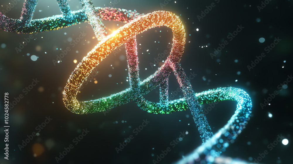 Colorful, glowing DNA helix on a dark background, representing genetics and molecular biology. A vibrant visual representation of the double helix structure of DNA. Colorful, glowing DNA helix on a dark background, representing genetics and molecular biology. A vibrant visual representation of the double helix structure of DNA.