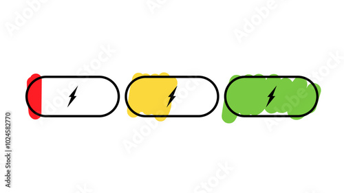 Vector illustration. Battery icons set. Battery charge from low to high. Phone charge level, colorful collection of charge power. Design for icons, design elements, symbol.