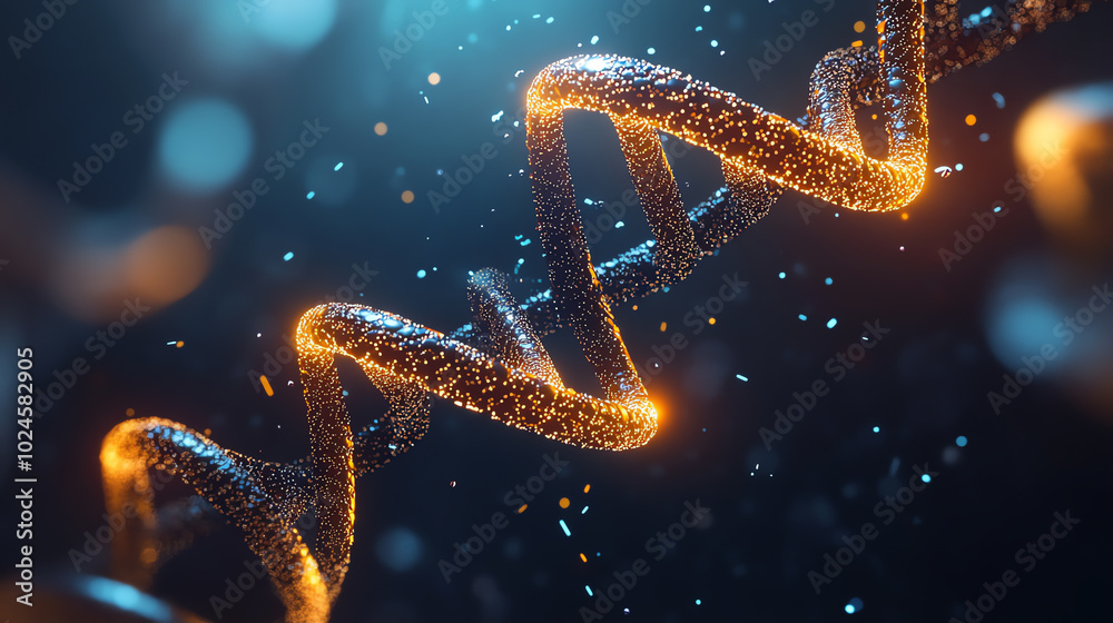 A detailed visualization of a DNA strand illuminated with sparkling effects, set against a blue background, emphasizing the complexity of genetic structures. A detailed visualization of a DNA strand illuminated with sparkling effects, set against a blue background, emphasizing the complexity of genetic structures.