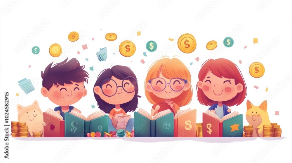 Children Reading Books with Money and Cats