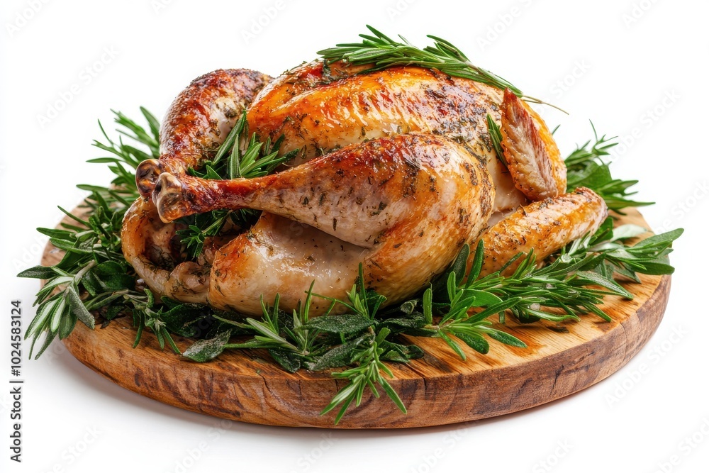 A beautifully golden-brown roast turkey rests on a wooden platter, surrounded by fresh green A beautifully golden-brown roast turkey rests on a wooden platter, surrounded by fresh green