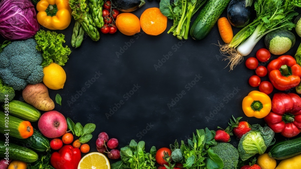 A vibrant assortment of fresh vegetables and fruits arranged around a dark background, showcasing nature's bounty. A vibrant assortment of fresh vegetables and fruits arranged around a dark background, showcasing nature's bounty.