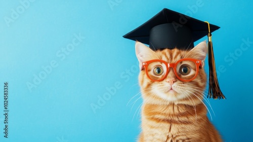 A clever cat wearing a graduation cap and glasses against a blue background, exuding charm and humor.