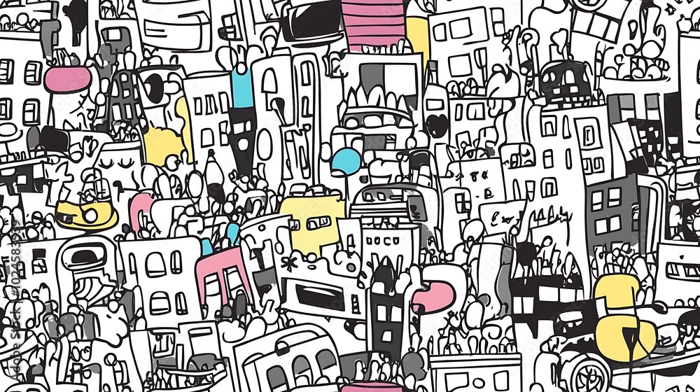 Obraz premium A vibrant urban chaos pattern, featuring high-rise buildings, traffic signals, cars, buses, and bicycles interwoven with crowds of people.