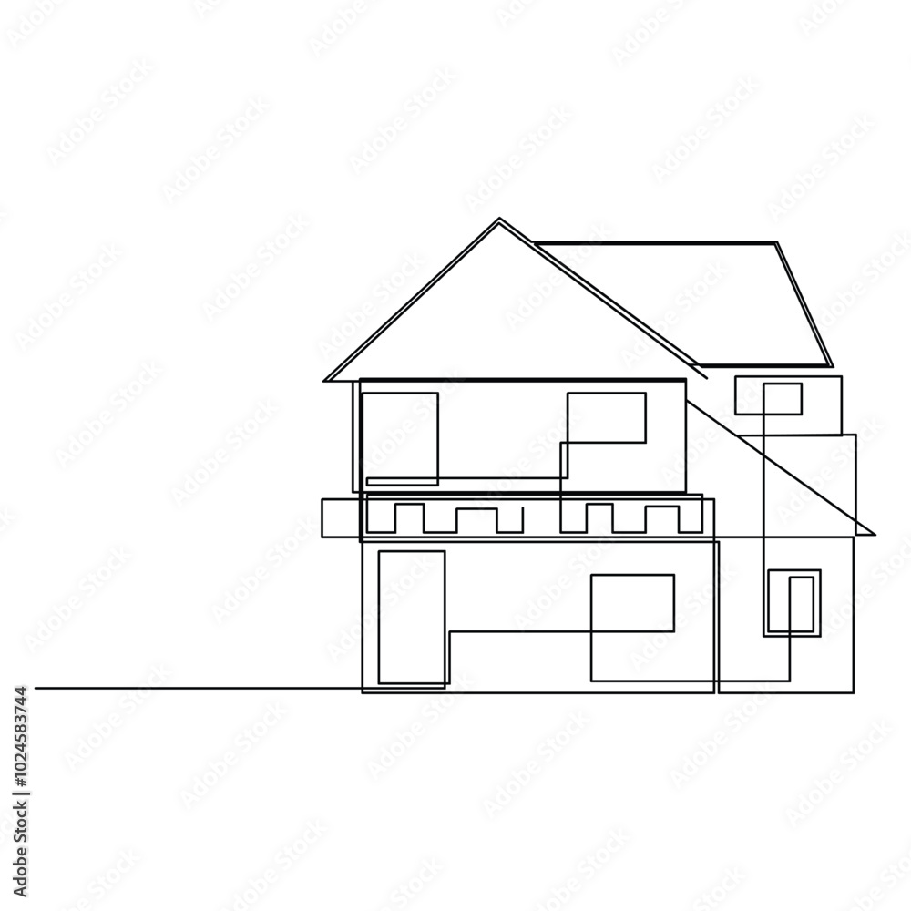 Vector modern architecture of house, one continuous line drawing isolated on white background Vector modern architecture of house, one continuous line drawing isolated on white background