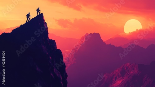 Two hikers reach a mountain peak at sunset, silhouetted against a vibrant sky, capturing a moment of achievement and adventure in nature.