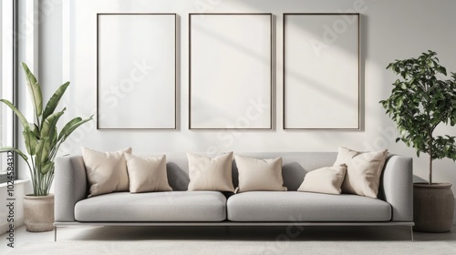 A modern living room featuring a stylish gray sofa, plush pillows, large windows, and three empty picture frames above, complementing a decorative plant.