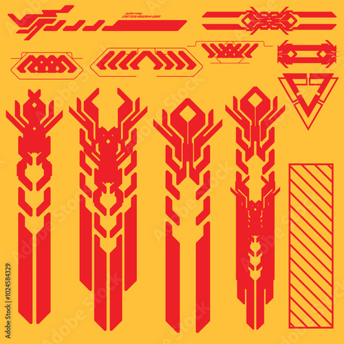 cyberpunk y2k 2000s gaming futuristic icon pattern  set collection template hud for branding fashion t-shirt decoration decals, 2d illustration rendering vector 