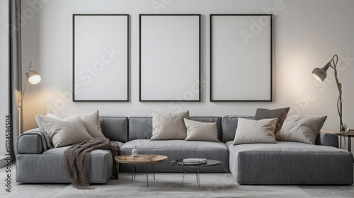 A modern living room featuring a plush gray sofa with pillows, minimalistic decor, and empty frames on the wall, creating a serene and stylish atmosphere.